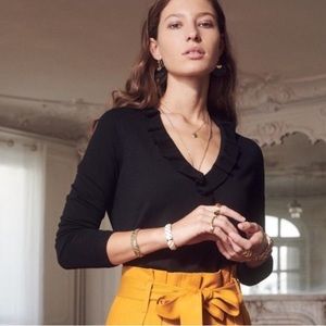 Sézane Kim Merino Wool Ruffle Sweater - Black - Size Small